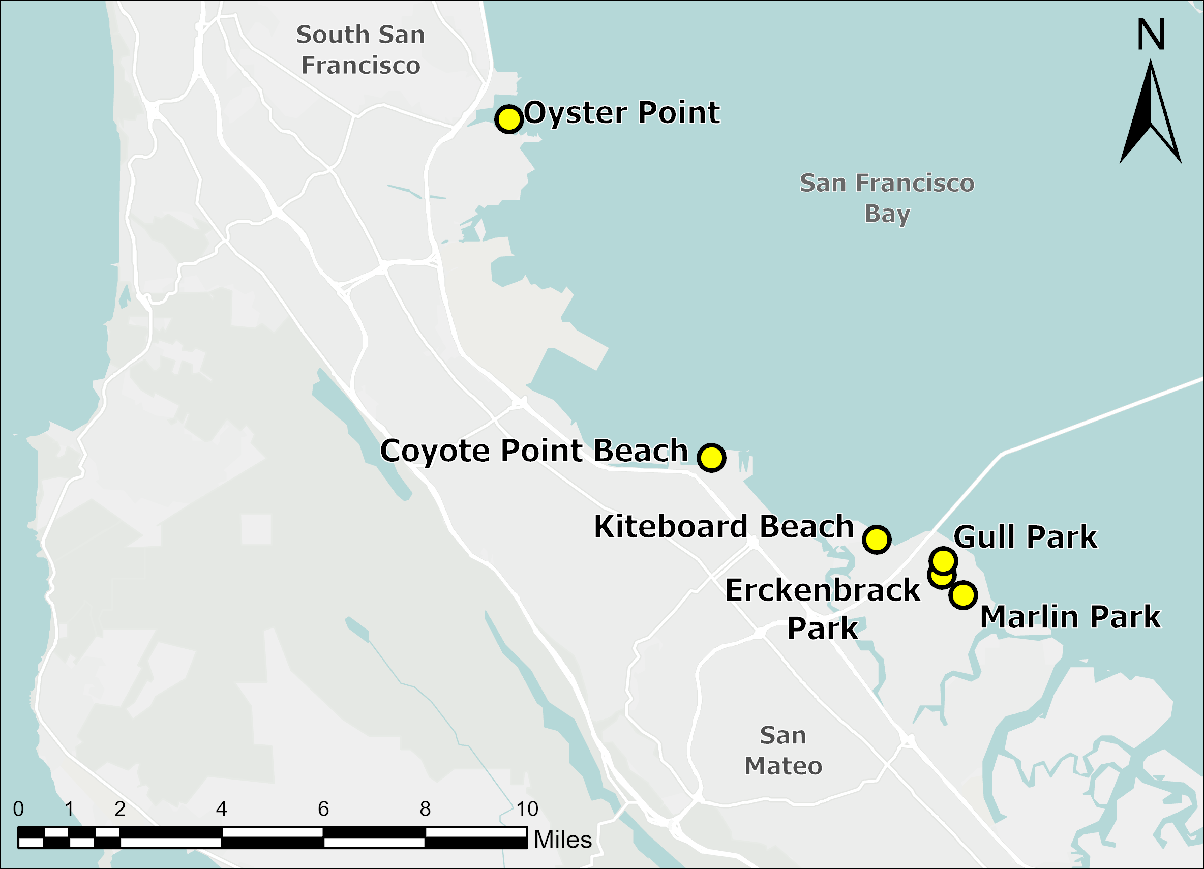 Map of a portion of San Francisco Bay showing the locations of Kiteboard Beach and Oyster Point.